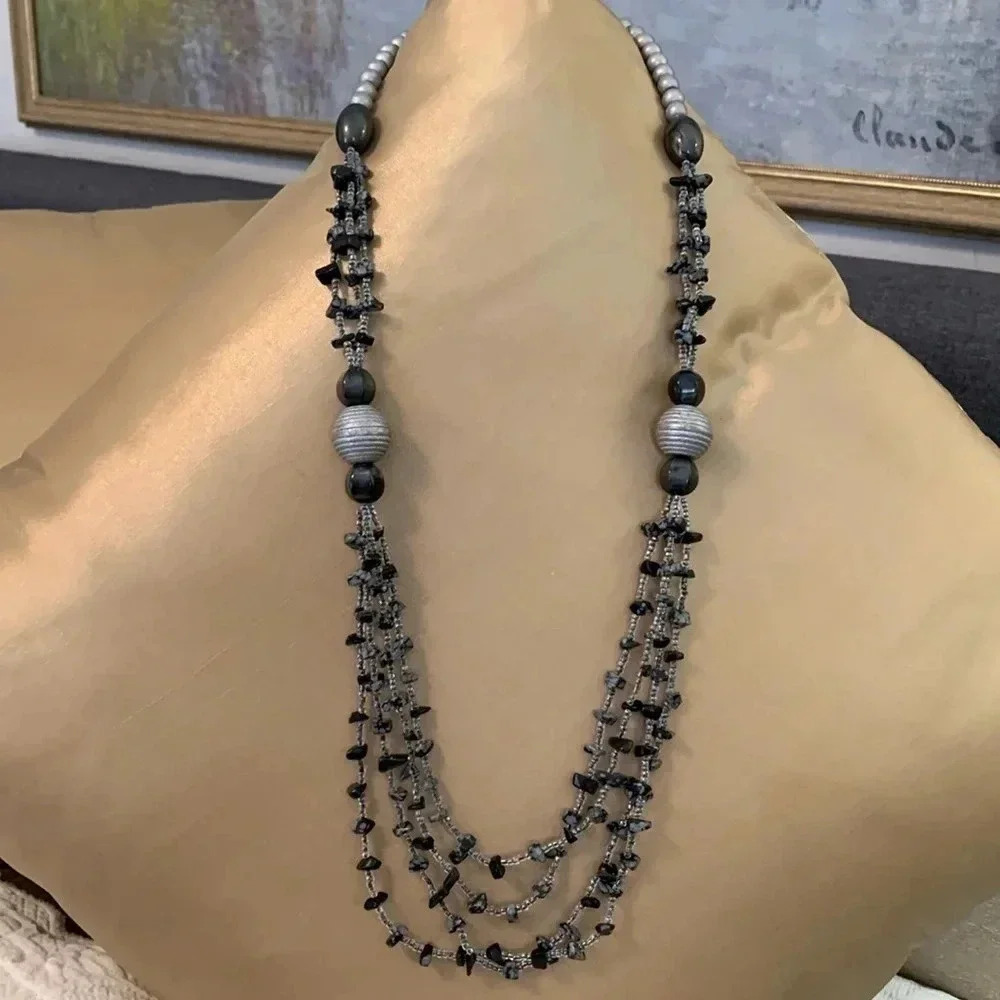 Long grey beaded  necklace